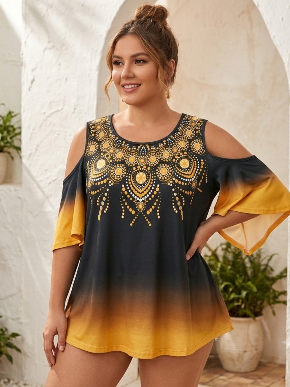 SHEIN Bohemian Cold-Shoulder Ombre Tunic with Gold Motif Size L    WS 225